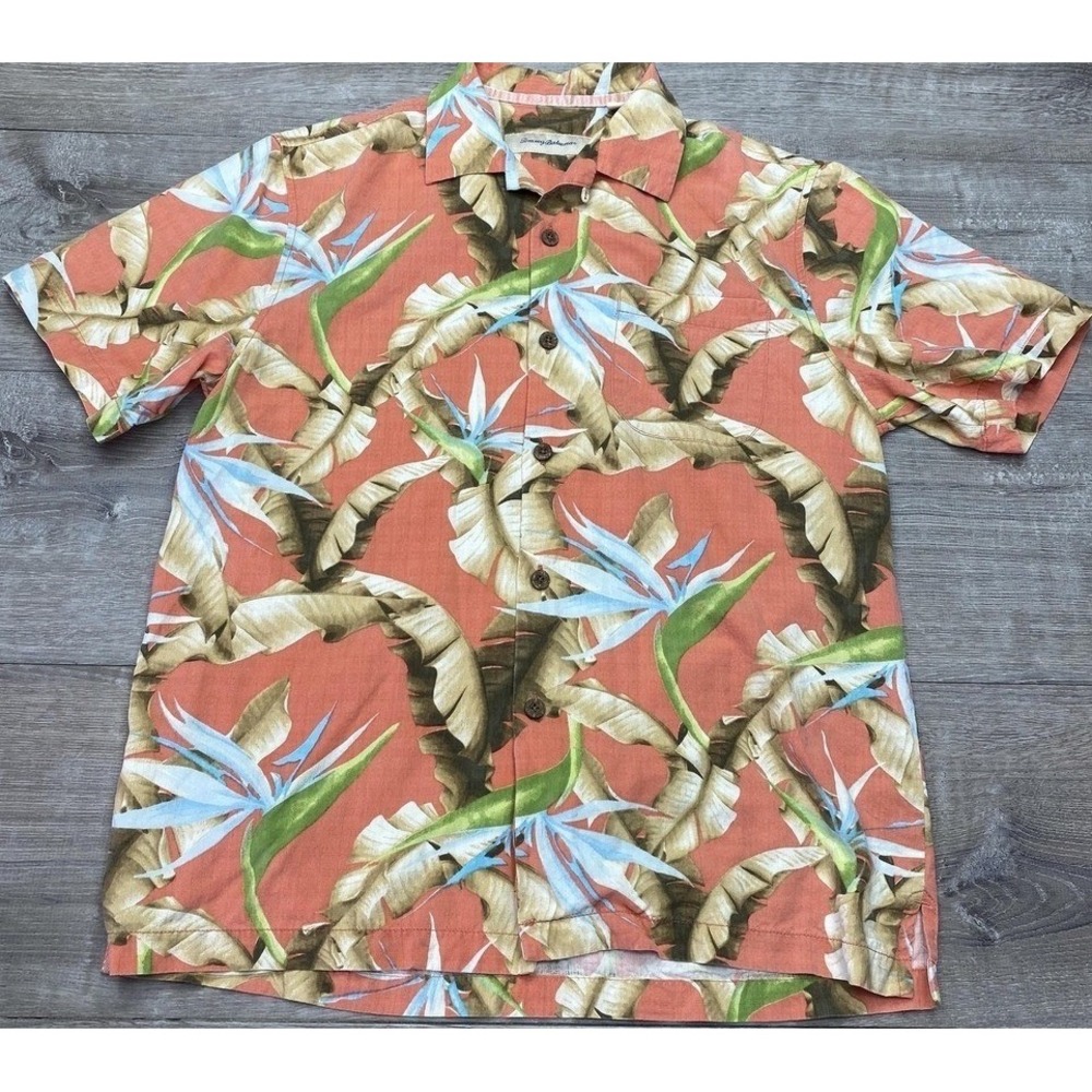 Tommy Bahama Shirt Mens Small Orange Silk Hawaiian Floral Short Sleeve Button Up